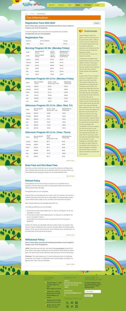 Building blocks current fees page
